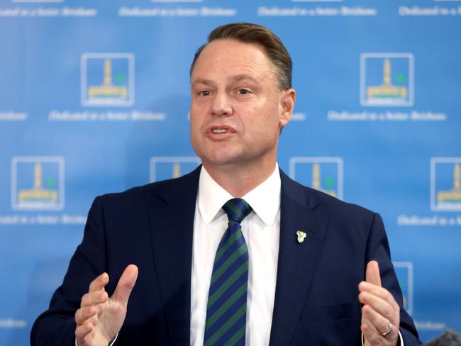 Lord Mayor Adrian Schrinner delivers the 2023-24 Brisbane City Council Budget at City Hall. Picture: Steve Pohlner