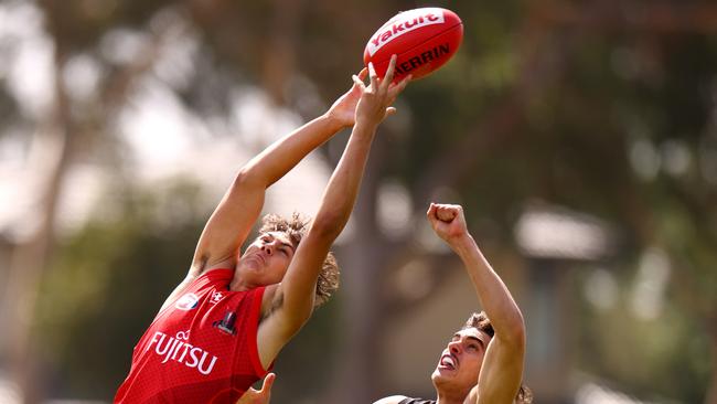 MELBOURNE, AUSTRALIA - FEBRUARY 16: Tex Wanganeen of the Bombers in action during an Essendon Bombers AFL intra club match at The Hangar on February 16, 2022 in Melbourne, Australia. (Photo by Jonathan DiMaggio/Getty Images)
