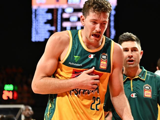 JackJumper Will Magnay left the court in pain after the incident with Taipan Tahjere McCall, but did not escape sanction for a separate incident in the game. Picture: Getty Images