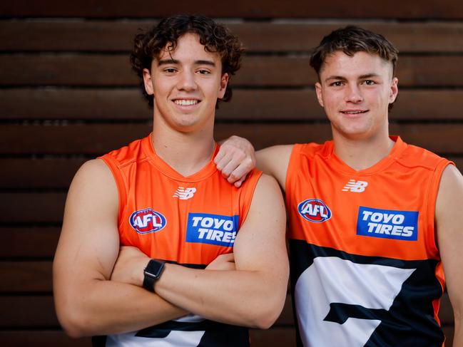 MELBOURNE, AUSTRALIA - NOVEMBER 21: GWS Giants draftees Oliver Hannaford (L) and Harrison Oliver (R) pose for a photo during an AFL Draft Media Opportunity at Marvel Stadium on November 21, 2024 in Melbourne, Australia. (Photo by Dylan Burns/AFL Photos via Getty Images)