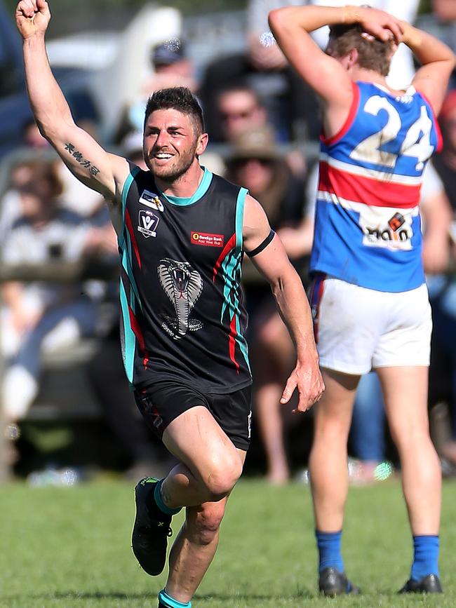 Mornington recruit Anthony Giuliano celebrates a goal for Cora Lynn Cobras. Picture Yuri Kouzmin