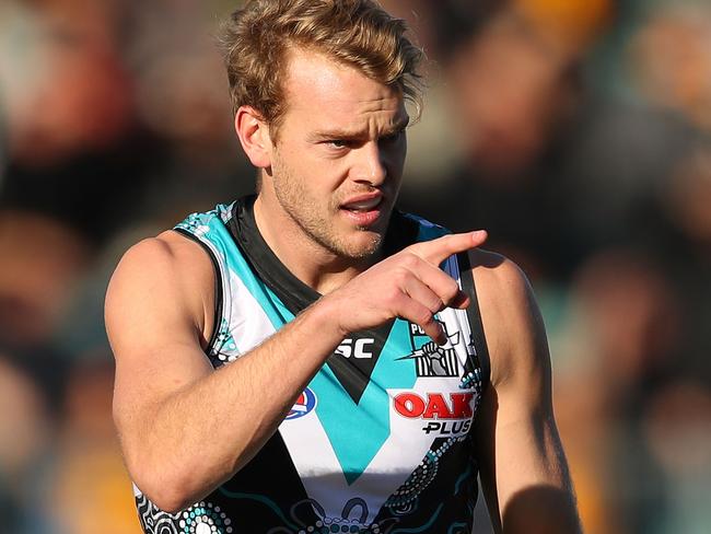 LAUNCESTON, AUSTRALIA - JUNE 02:  Jack Watts of the Power celebrates after kicking a goal during the round 11 AFL match between the Hawthorn Hawks and the Port Adelaide Power at University of Tasmania Stadium on June 2, 2018 in Launceston, Australia.  (Photo by Scott Barbour/Getty Images)