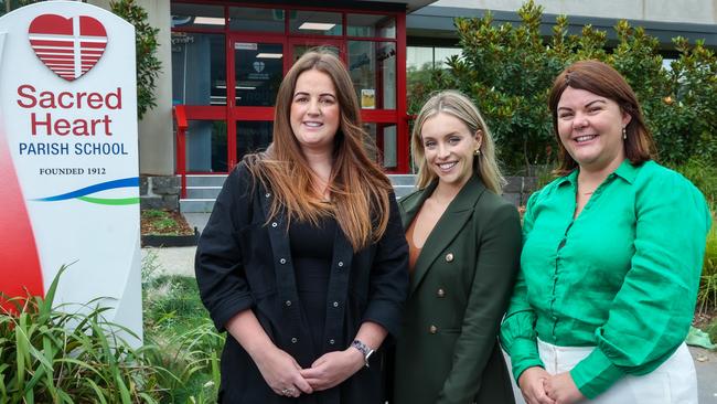 Sacred Heart Parish School Grade 2 teacher Louise Donnelly (centre) has been receiving guidance in the classroom from Learning and Teacher Leader Sarah Rafferty (left) and Literacy Leader Kate Shroud. Picture: Ian Currie