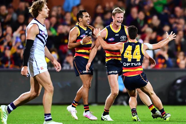 Adelaide’s Alex Keath celebrates a goal with Eddie Betts and Lachlan Murphy during the Round 7 match against the Fremantle Dockers at Adelaide Oval . Picture: Mark Brake/Getty