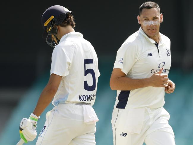 SYDNEY, AUSTRALIA - FEBRUARY 18: Sam Konstas of New South Wales is bowled by Scott Boland of Victoria during the Sheffield Shield match between New South Wales and Victoria at Sydney Cricket Ground, on February 18, 2025, in Sydney, Australia. (Photo by Darrian Traynor/Getty Images)