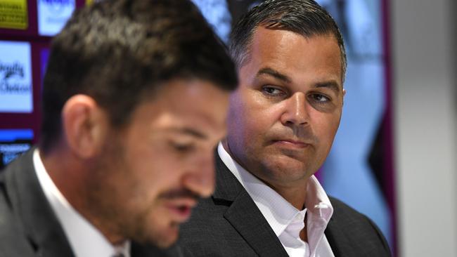 Brisbane Broncos coach Anthony Seibold looks on as Matt Gillett announces his retirement. Picture: AAP Image/Dan Peled