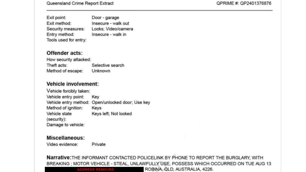 Attending police listed the vehicle as insecure at the time of the theft in their report on the incident. Picture: Supplied.