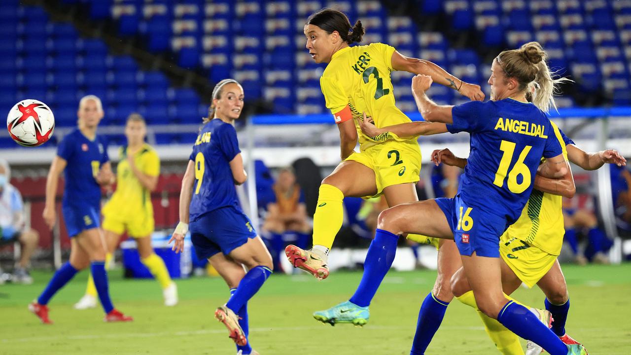 Sam Kerr unleashes a strike in the Matildas’ clash with Sweden. Picture: Adam Head