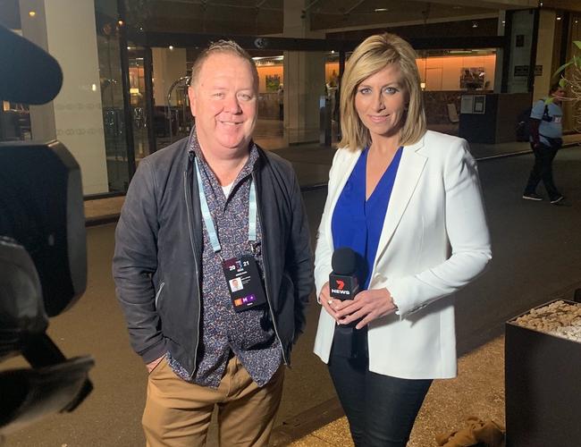 Dean Ritchie and Michelle Bishop outside the Blues' hotel in Brisbane.