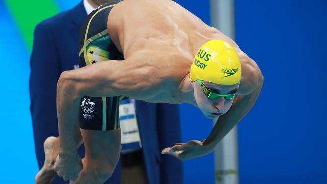 Cameron McEvoy was off the blocks early in the 100m freestyle final but finished seventh. Picture: Phil Hillyard