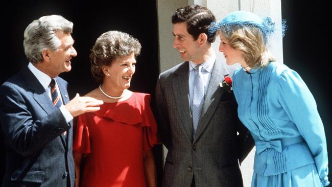 Bob and Hazel Hawke meet Charles and Diana during their royal visit in 1983. Picture: Austral