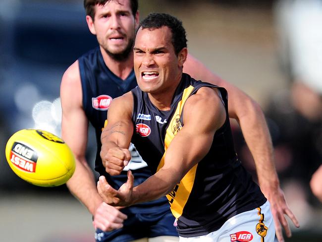 Waylon Johncock handballs for Glenelg. Picture: Mark Brake