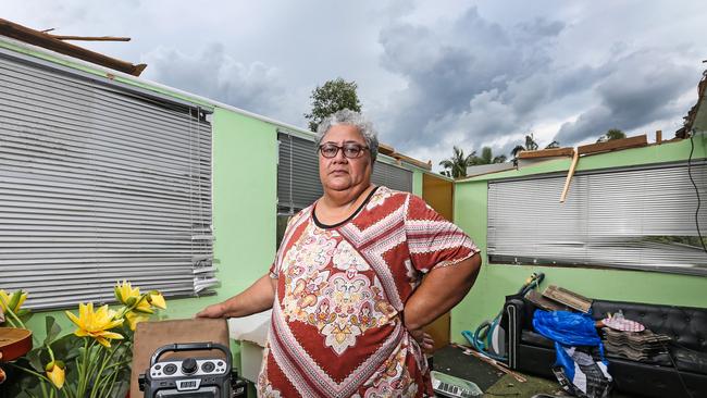 Hulita Manoa inspects the damage caused by Tuesday’s supercell storm. Picture: Zak Simmonds