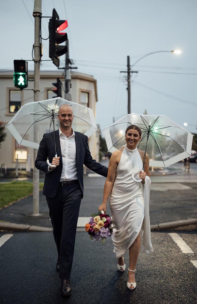 Sam wore a Hugo Boss suit. Emma wore a dress from Grace Loves Lace. Picture: Liz Barnes