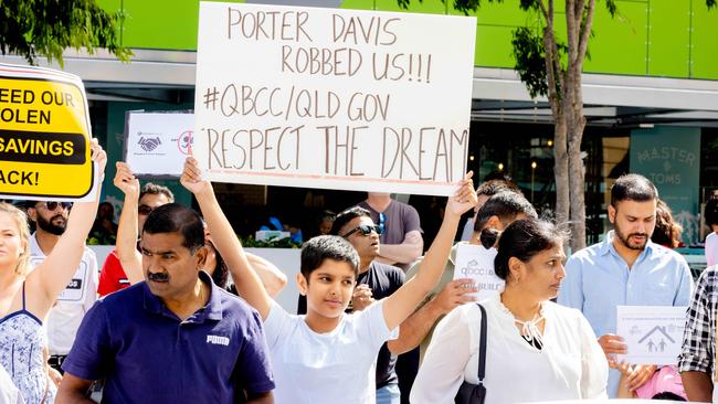 Customers of collapsed builder Porter Davis gather in Brisbane CBD, Sunday, April 23, 2023 Picture: Richard Walker