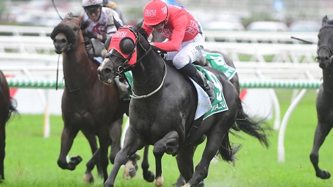 Mazu winning the Doomben 10,000 in May with jockey Sam Clipperton. Picture: Grant Peters Trackside Photography