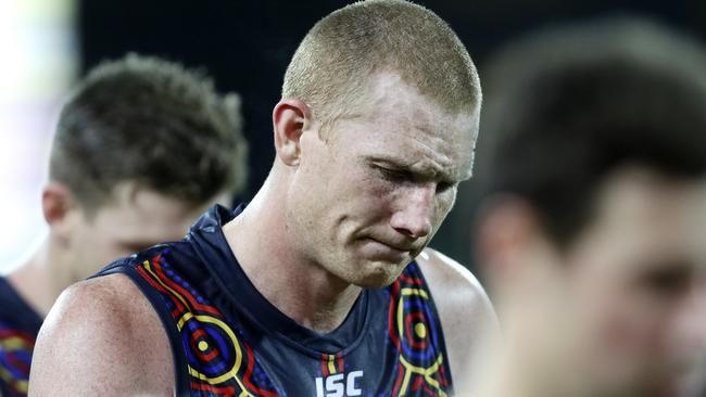 Sam Jacobs leaves the field after Adelaide’s loss. Picture: Sarah Reed