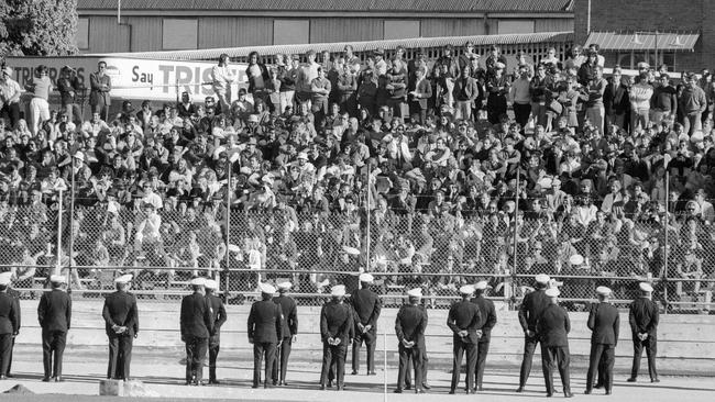 Police line up in front of the crowd at the Australia v South Africa Test in Brisbane in 1971.