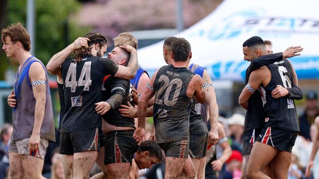 EFNL 2024: South Belgrave reserves players celebrate the flag win on Saturday. Picture: Field of View Photography