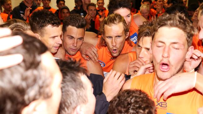 The Giants’ rooms were an exciting place after the match. Picture: Getty Images