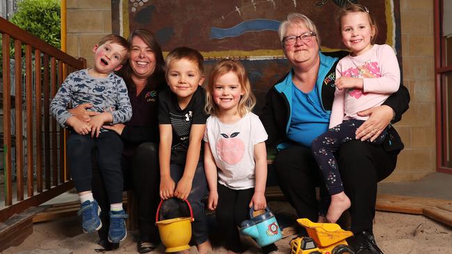 Linday Davis long daycare director with Lachlan Sawford 4, Fraser Westwood 5, Harriet Winter 4, Lynne Moran CEO of Adventure Patch with Ivy Sutton 4 at Adventure Patch Ocean View Blackmans Bay. Picture: Nikki Davis-Jones