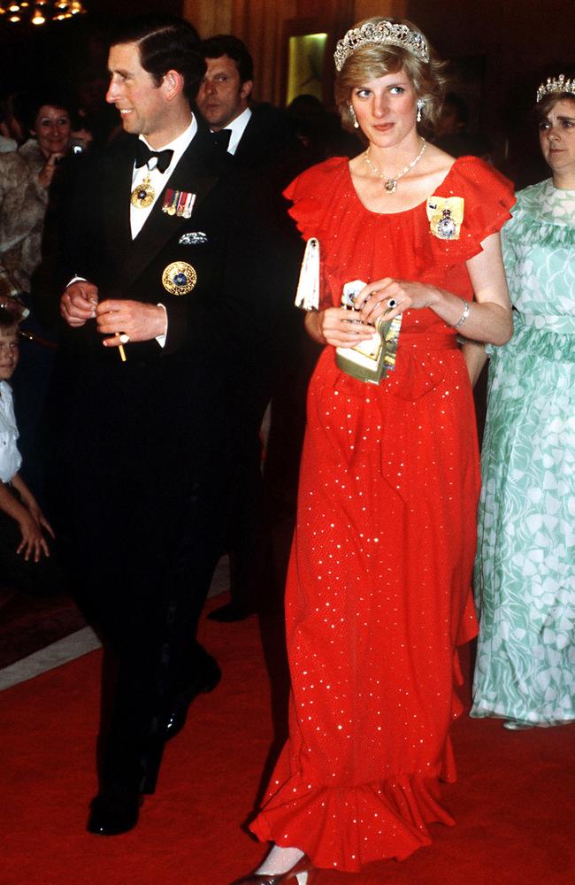 Diana’s Style: 1983 - Princess Diana and Prince Charles arrive for a state reception in Hobart, Tasmania, 30th March 1983. The princess is wearing the Spencer family tiara and a dress by Bruce Oldfield. Picture: Getty