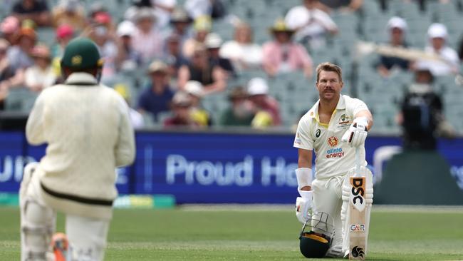 ADELAIDE, AUSTRALIA - DECEMBER 08: David Warner and Usman Khawaja of Australia take a knee befre the start of play on day one of the Second Test Match in the series between Australia and the West Indies at Adelaide Oval on December 08, 2022 in Adelaide, Australia. (Photo by Matt King/Getty Images)