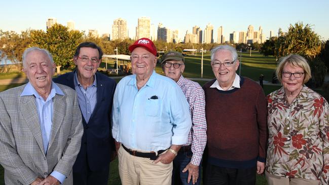 Denis O'Connell, pictured in 2019 with other legendary Gold Coasters, Gary Baildon, Max Christmas, Frank Goldstein, Lex Bell and Dawn Crichlow. picture Glenn Hampson