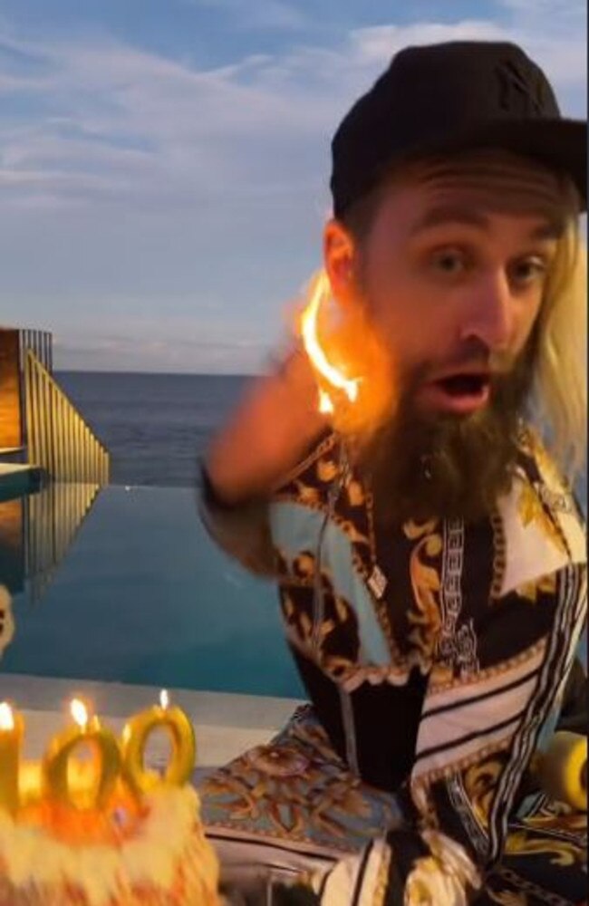 Australia's Crypto King Fred Schebesta in a video where his beard catches on fire. Picture:TikTok