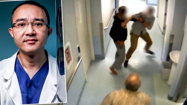 Inset: Melbourne surgeon Dr Michael Wong, who was viciously assaulted at work. Main: An assault unfolding inside a Brisbane hospital. Picture: News Corp Australia