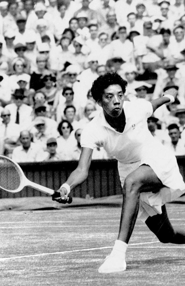 Althea Gibson on her way to victory at Wimbledon in 1957.