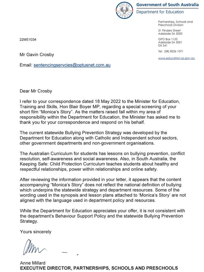 The letter which independent filmmaker Gavin Crosby received from the Education Department about his short film about bullying within schools. Picture: Supplied