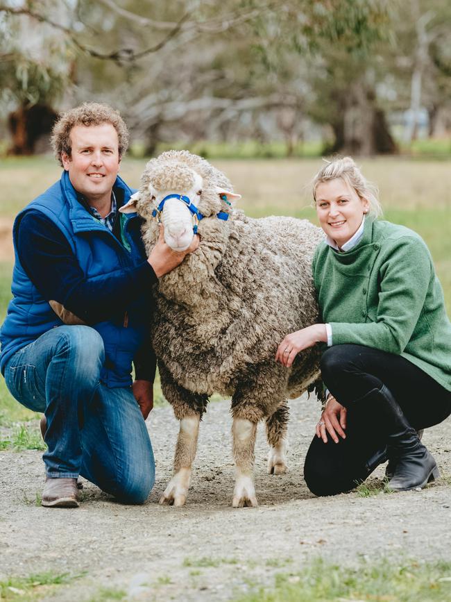 <s1>Trent and Kate Carter from Wallaloo Park at Marnoo with the $16,000 top-selling ram from last week’s on-property sale. </s1> <s1>Picture: </s1>Chloe Smith