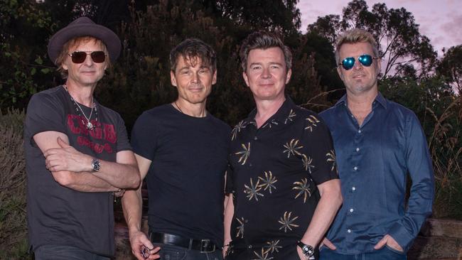 Norwegian band a-ha with Rick Astley (in patterned black shirt) taken in Perth Feb 19, pic Duncan Barnes