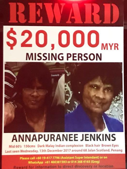 The family of Annapuranee Jenkins have put up a 20,000 Ringgit reward ($6750 Aus dollars) for information about her disappearance.