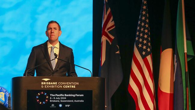 BRISBANE, AUSTRALIA - NewsWire Photos - JULY 9, 2024:Treasurer Jim Chalmers delivers the keynote address to Australia-US two-day forum in Brisbane on the future of banking in Pacific countries. Picture: NewsWire / Glenn Campbell