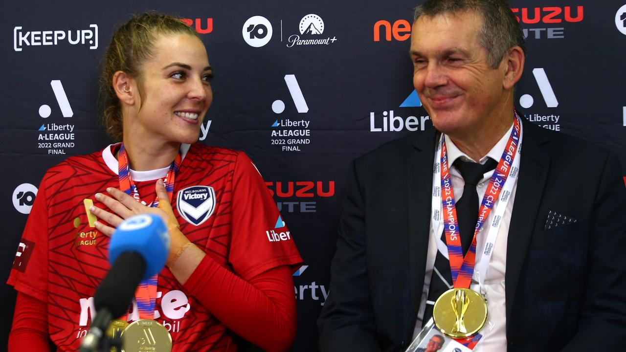 Star Victory keeper Casey Dumont with coach Jeffrey Hopkins after the match. Picture: Getty Images