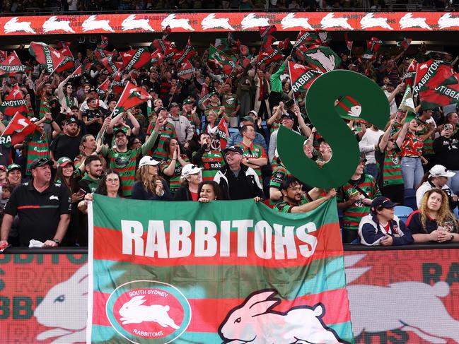 SYDNEY, AUSTRALIA - SEPTEMBER 11: Rabbitohs fans celebrate victory after the NRL Elimination Final match between the Sydney Roosters and the South Sydney Rabbitohs at Allianz Stadium on September 11, 2022 in Sydney, Australia. (Photo by Matt King/Getty Images)