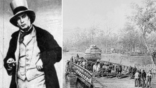 Henry Hopwood, the ex-convict whose vision founded Echuca, and the river pontoon bridge he developed in the 1850s. Pictures: State Library of Victoria