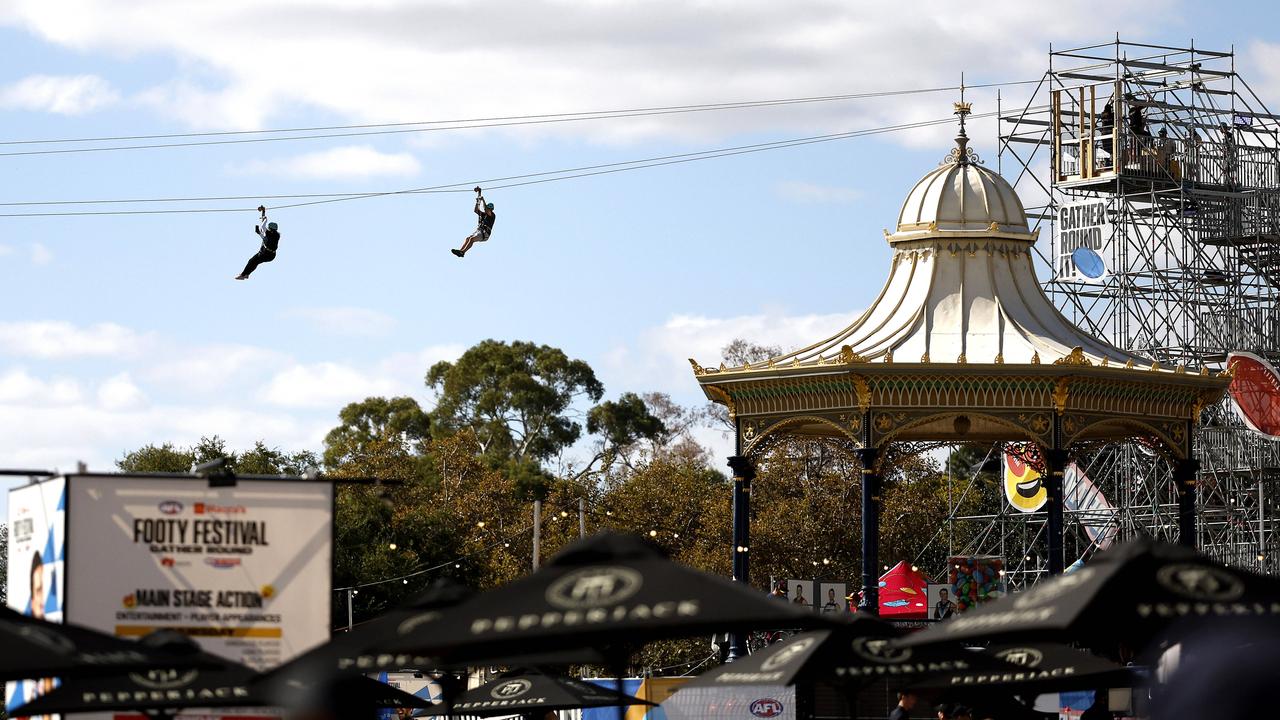 The flying fox at the Footy Festival in Elder Park, Adelaide for the Gather Round. Photo by Phil Hillyard