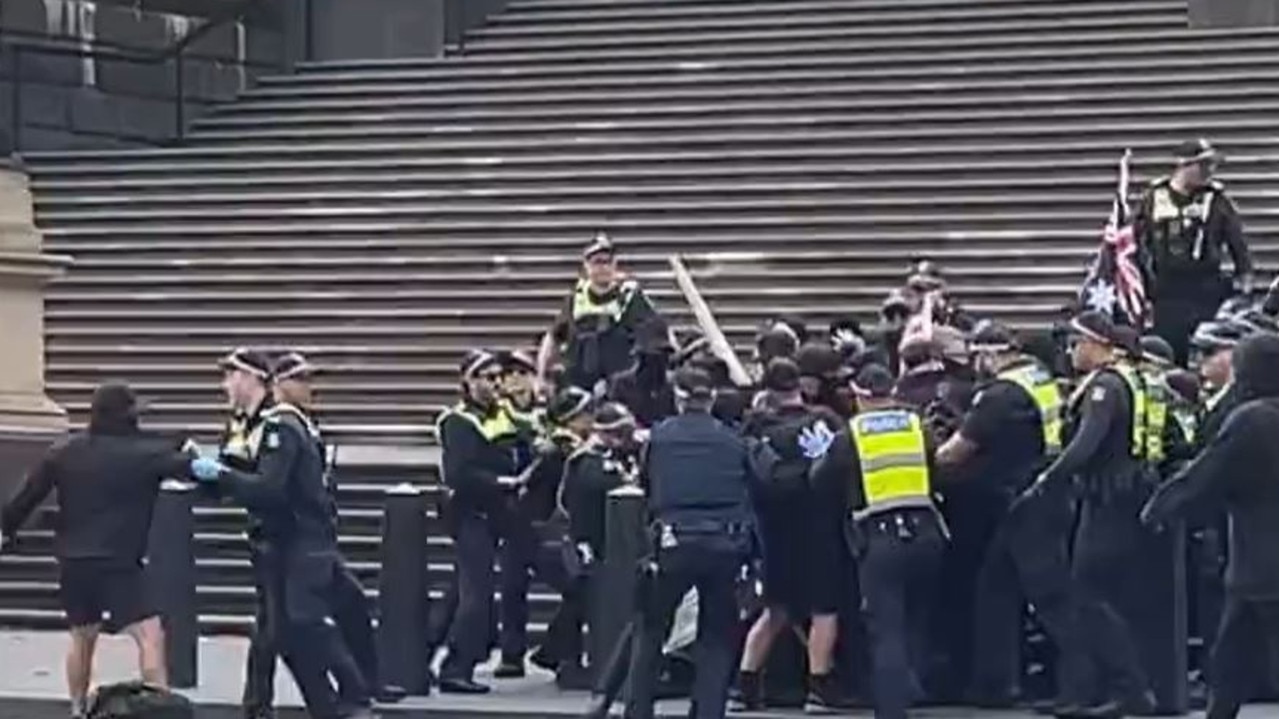 Police and neo-Nazis clashed at an anti-immigration rally in Melbourne on Saturday. Picture: Twitter/@AlexGrey156