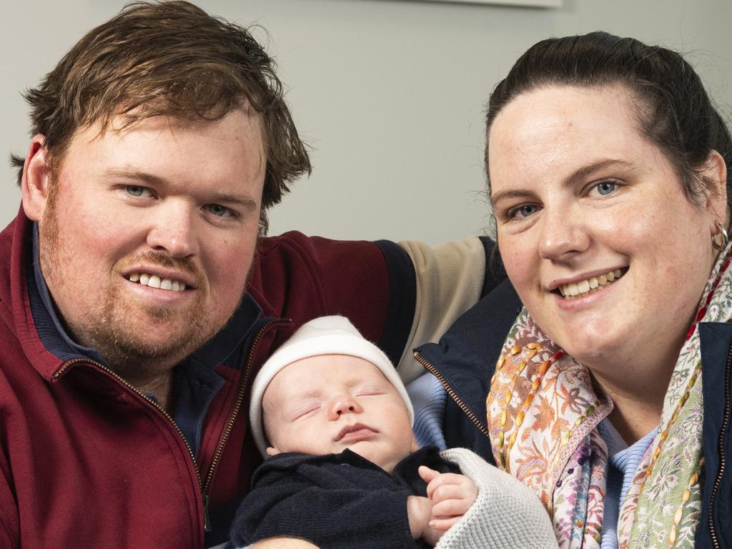 New parents Lauren and Brendan Waldron and their six-week-old baby Alfie Waldron, Monday, July 15, 2024. Picture: Kevin Farmer