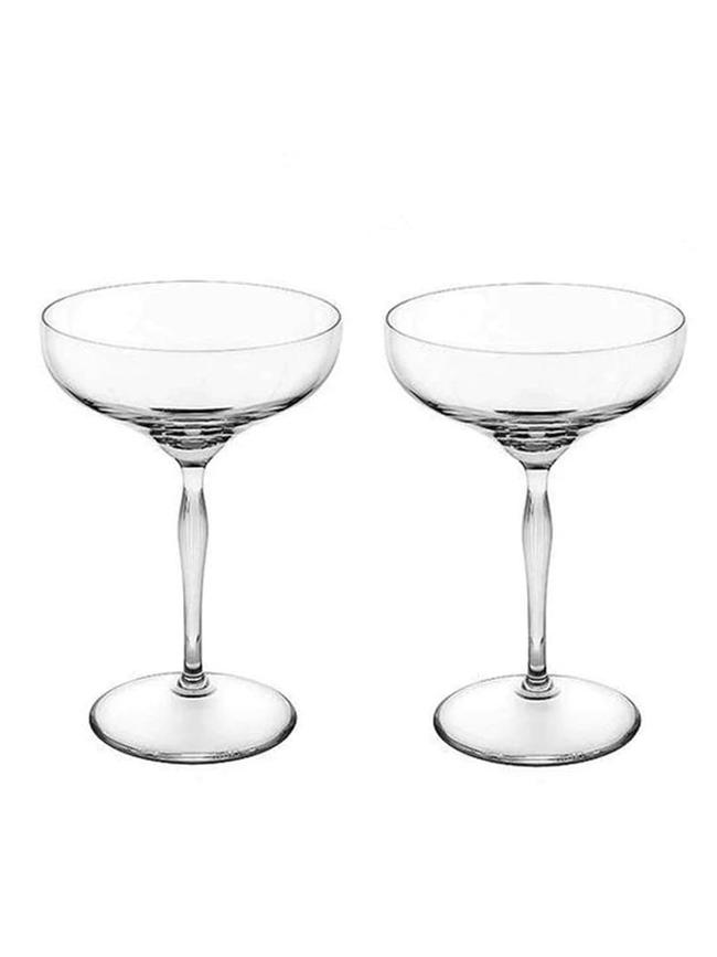 Lalique crystal champagne coupe $555 (sold as a set of 2). <b>Shop now from <a href="https://fairfaxandrobertshome.com.au/collections/drinkware-auto" target="_blank">Fairfax &amp; Roberts</a></b>