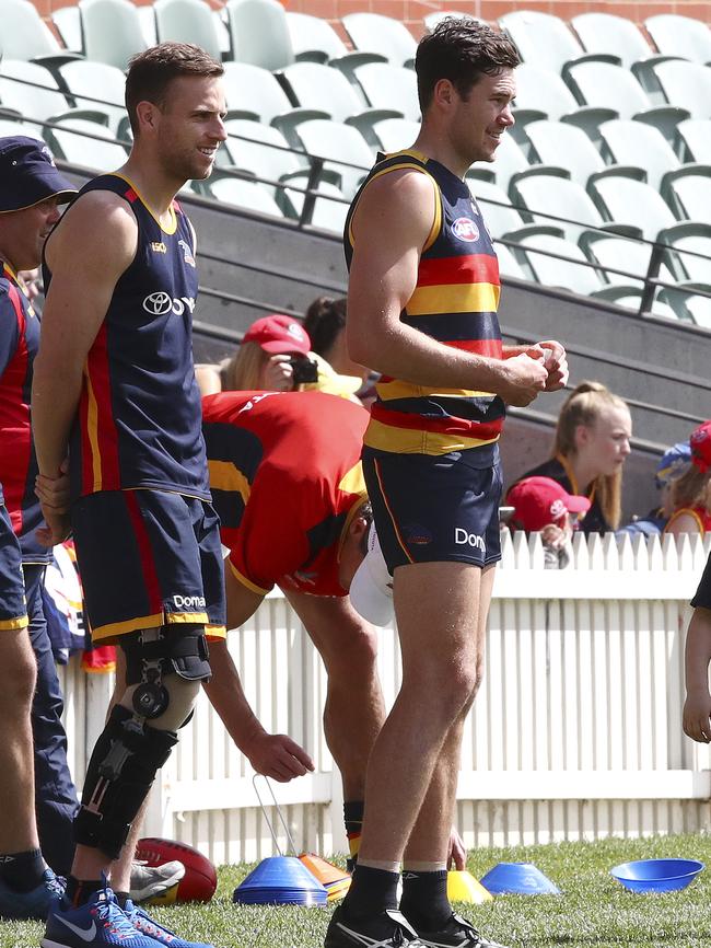 McGovern on the sidelines with Brodie Smith, who will also miss the grand final after rupturing his ACL. Picture: Sarah Reed