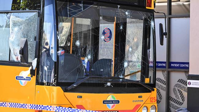 The bus was badly damaged during the wild brawl in George St, Thebarton. Picture: Brenton Edwards