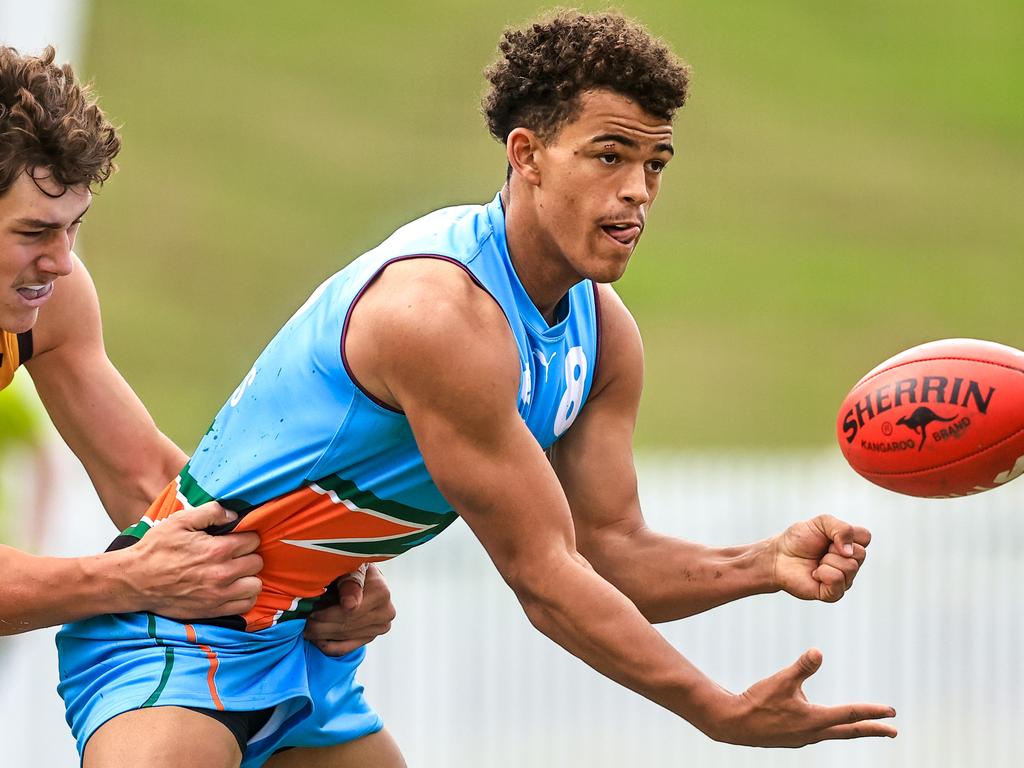 Leonardo Lombard of the Allies hand balls during the Marsh AFL National Championships. (Photo by Jenny Evans/AFL Photos/via Getty Images)