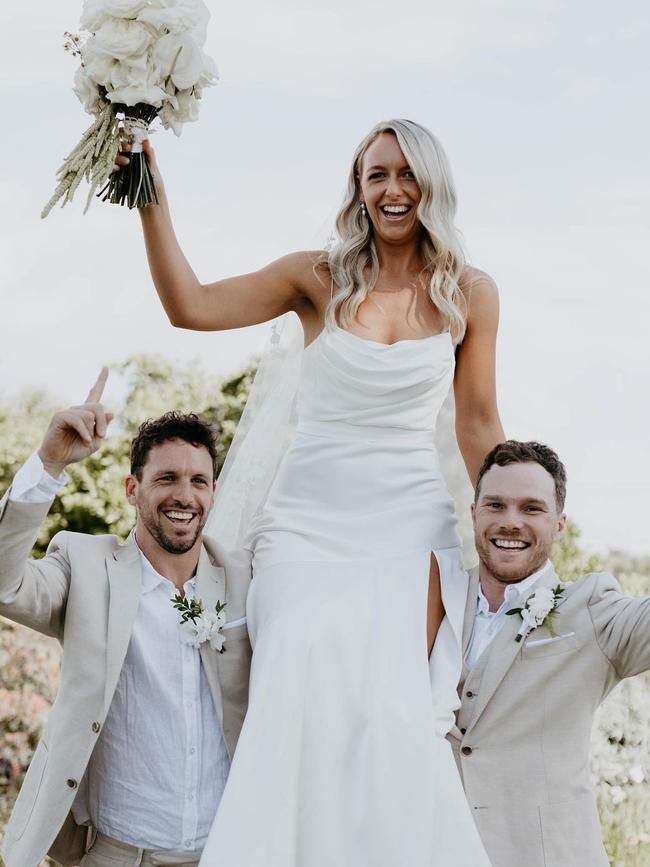 Port Adelaide player Travis Boak walked his sister, Cassie Boak, down the aisle this weekend when she married her husband Anthony Biemans. Picture: Captured by Georgie