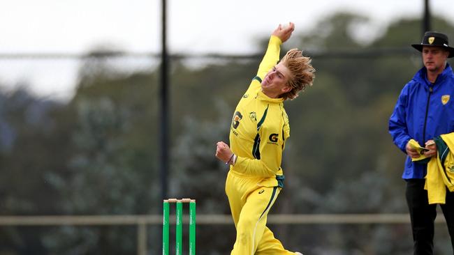 Will Sutherland bowls for Australia in an under-19 match. Picture: PATRICK GEE