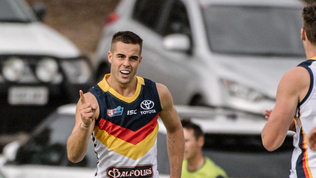 Adelaide player Myles Poholke celebrates one of his four goals in the SANFL last week. Picture: AAP Image/ Morgan Sette