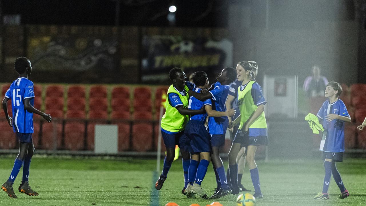 Rockville Rovers Blue celebrate a goal against Football Dalby in Football Queensland Darling Downs Community Juniors U13 Div 1 White grand final at Clive Berghofer Stadium, Friday, August 30, 2024. Picture: Kevin Farmer